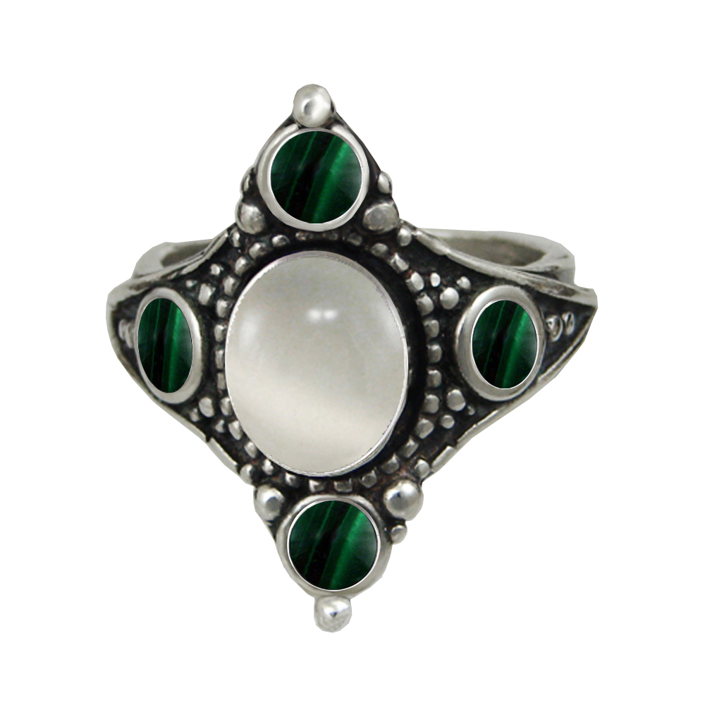 Sterling Silver Renaissance Queen's Ring With White Moonstone And Malachite Size 11